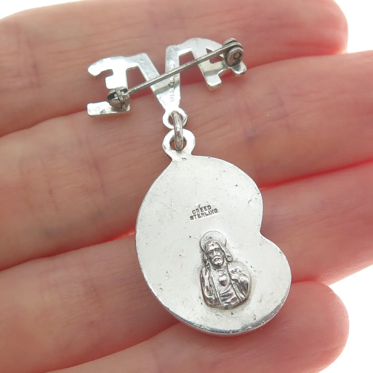CREED 925 Sterling Silver Vintage Ave St. Mary & Baby Jesus Dangle Pin Brooch