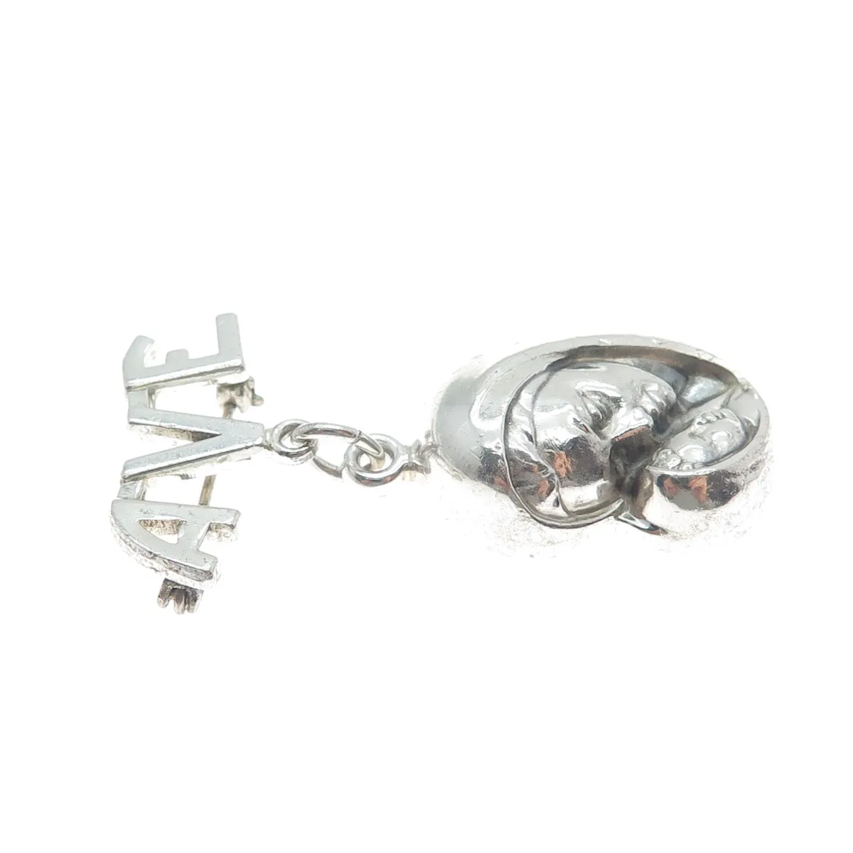 CREED 925 Sterling Silver Vintage Ave St. Mary & Baby Jesus Dangle Pin Brooch