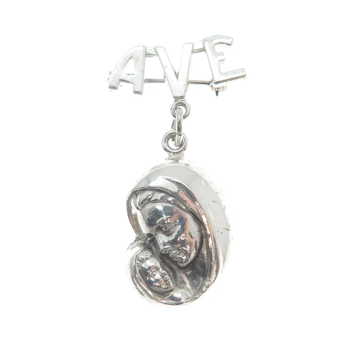 CREED 925 Sterling Silver Vintage Ave St. Mary & Baby Jesus Dangle Pin Brooch