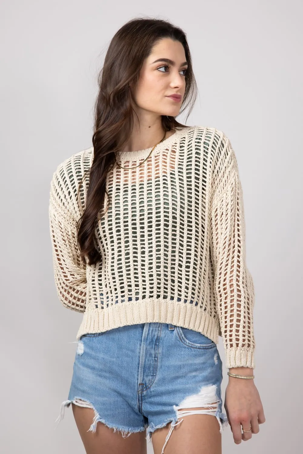 Crochet Long Sleeve Top for Women in Natural | MAS2456-NAT
