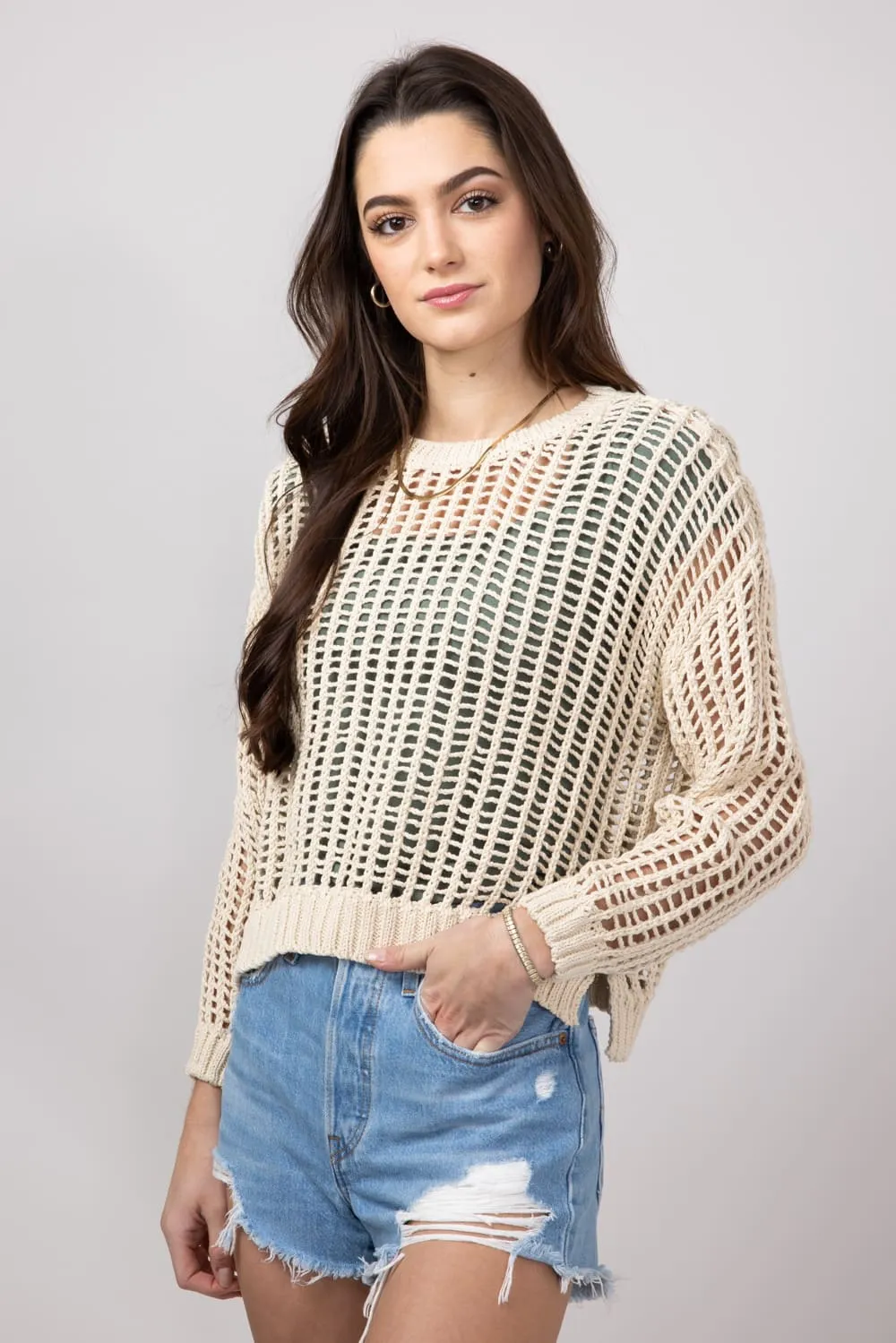 Crochet Long Sleeve Top for Women in Natural | MAS2456-NAT