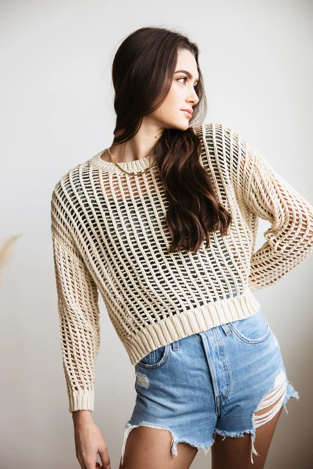 Crochet Long Sleeve Top for Women in Natural | MAS2456-NAT
