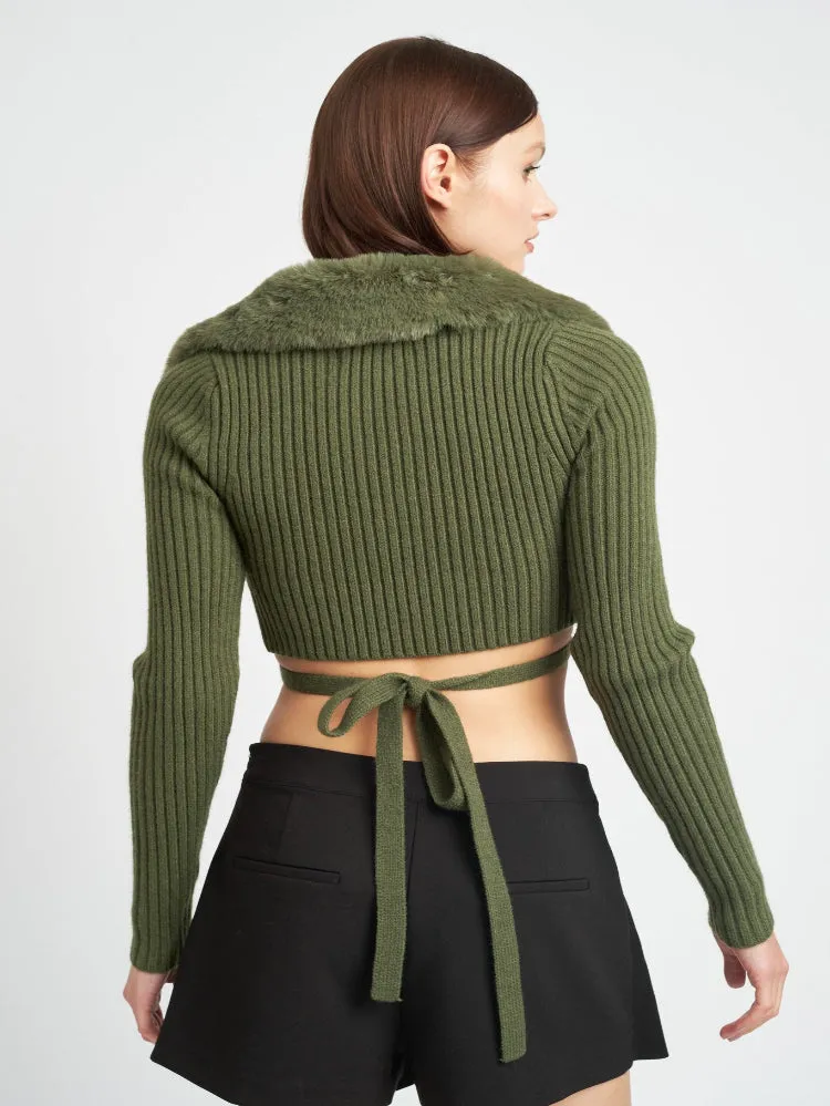 Cropped Long Sleeve Fur Collar Top