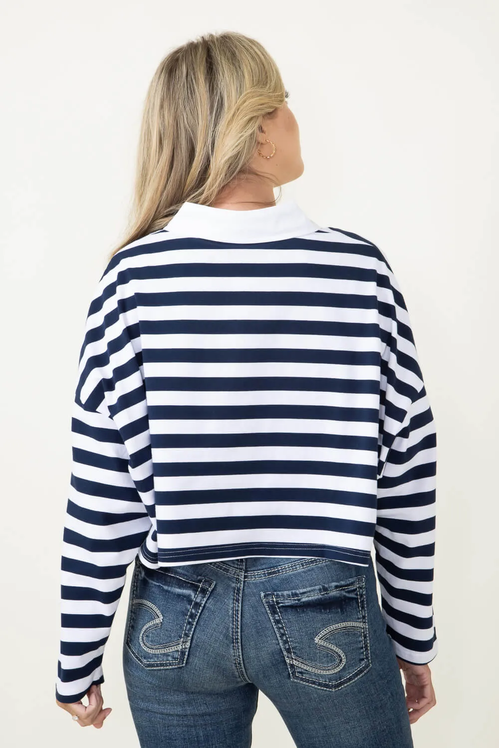 Cropped Stripe Long Sleeve Polo Shirt for Women in Navy | MT1648-NAVY
