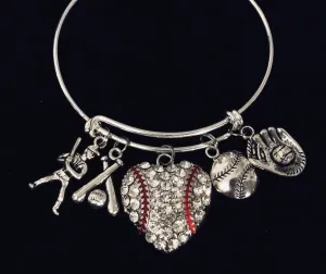 Crystal Heart Baseball Expandable Charm Bracelet Silver Wire Bangle One Size Fits All Gift