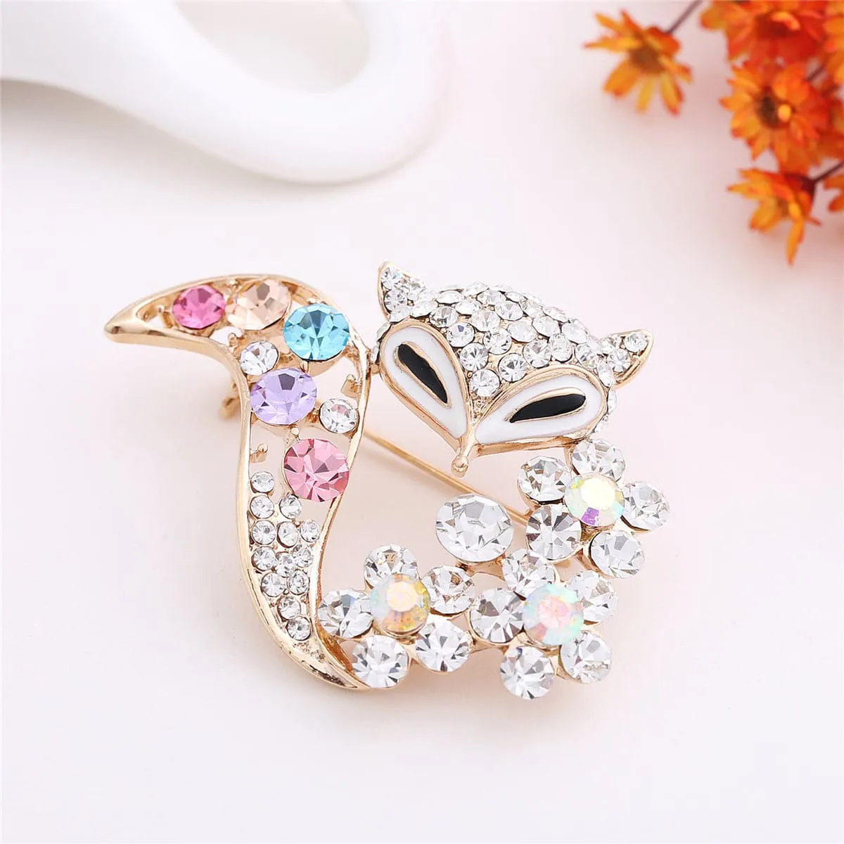 Cubic Zirconia & 18K Rose Gold-Plated Fox Brooch