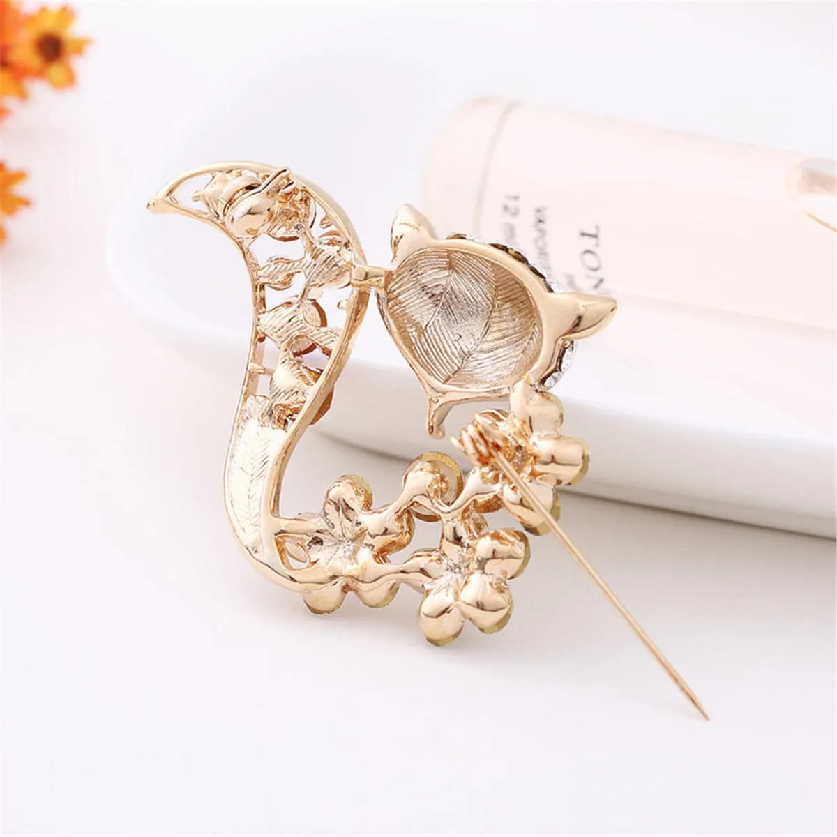 Cubic Zirconia & 18K Rose Gold-Plated Fox Brooch