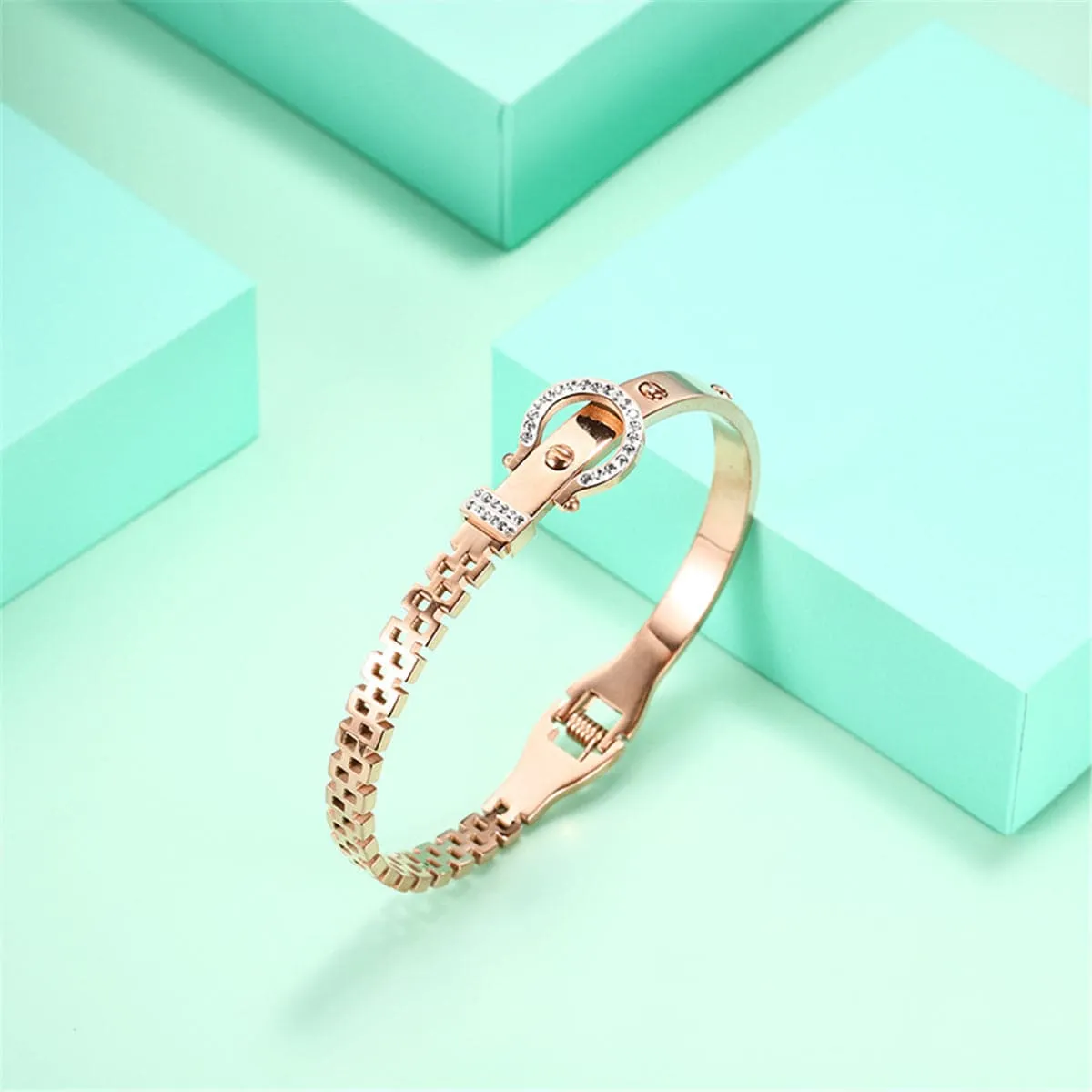 Cubic Zirconia & 18K Rose Gold-Plated Horseshoe Belt Bangle
