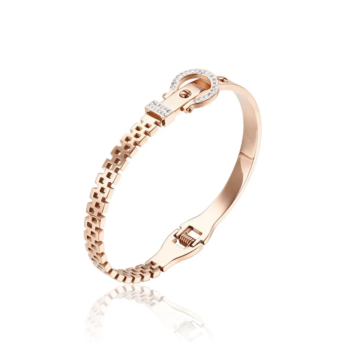 Cubic Zirconia & 18K Rose Gold-Plated Horseshoe Belt Bangle