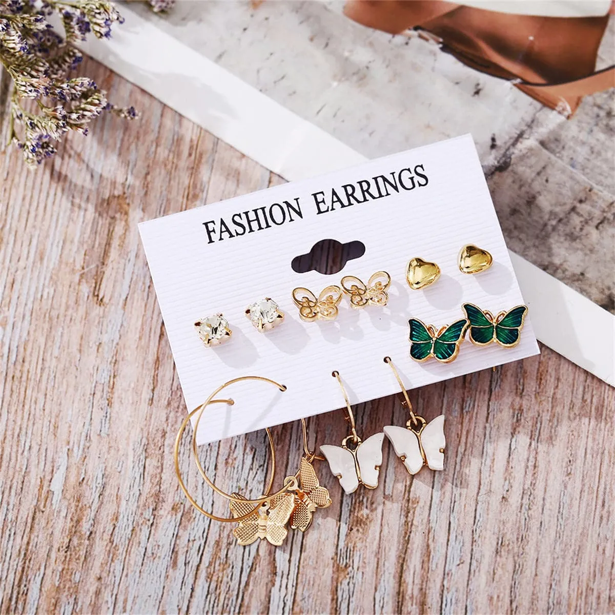 Cubic Zirconia & Acrylic 18K Gold-Plated Butterfly Earrings Set