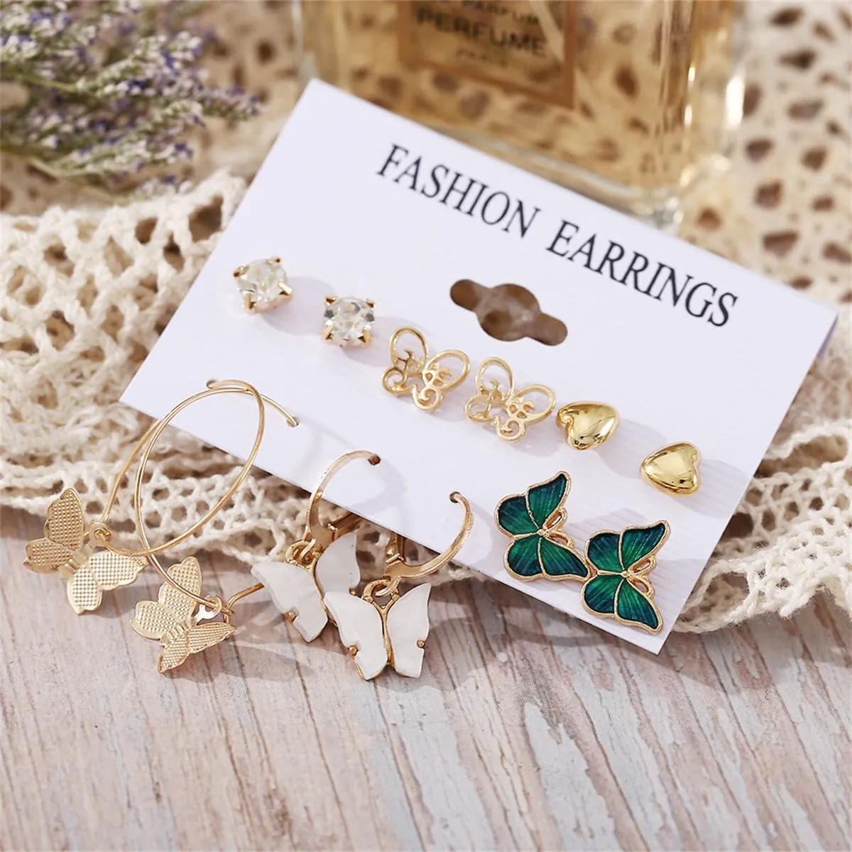 Cubic Zirconia & Acrylic 18K Gold-Plated Butterfly Earrings Set