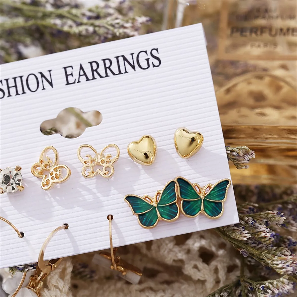 Cubic Zirconia & Acrylic 18K Gold-Plated Butterfly Earrings Set