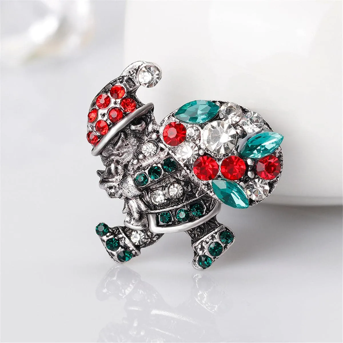 Cubic Zirconia & Crystal Silver-Plated Gifting Santa Claus Brooch