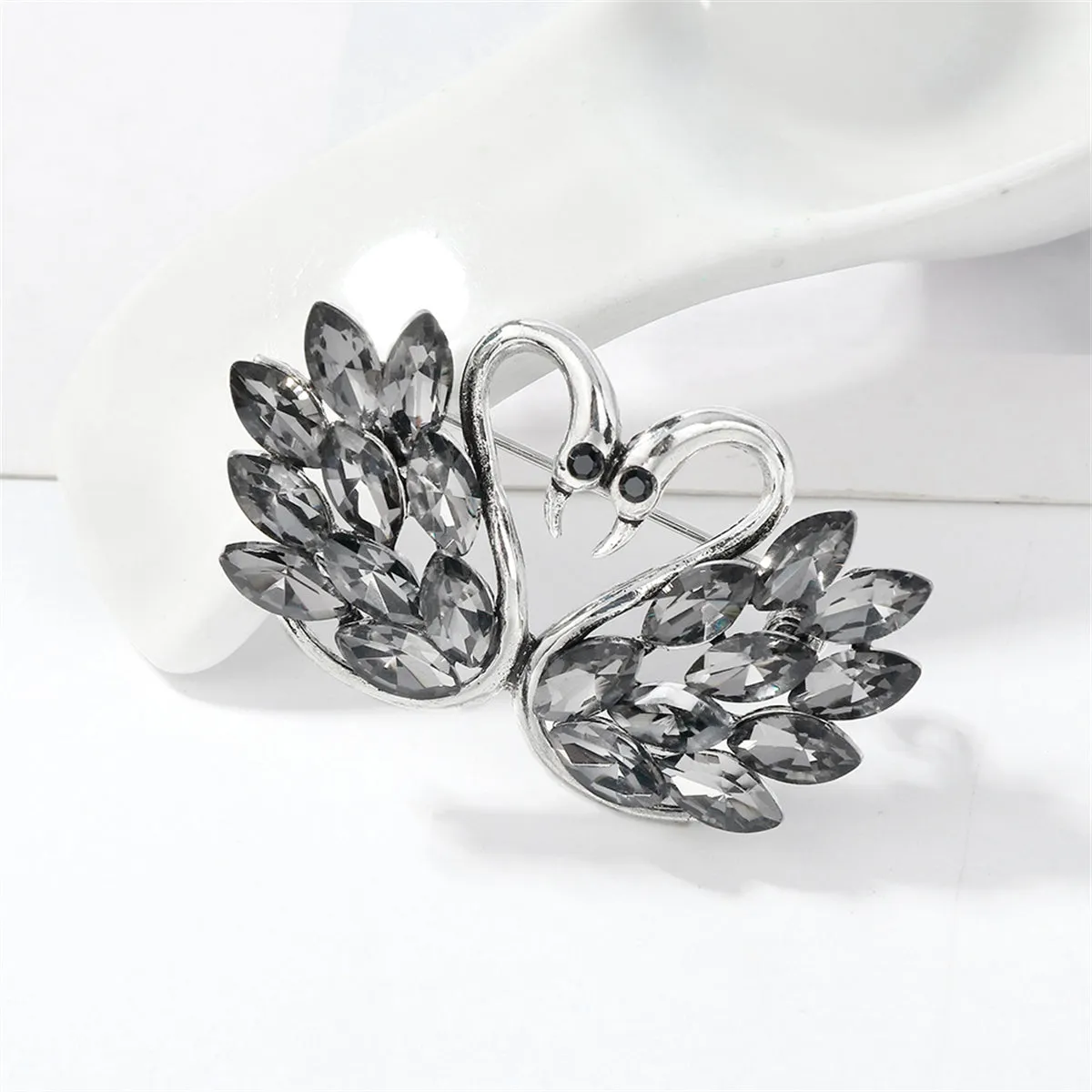 Cubic Zirconia & Crystal Silver-Plated Swan Couple Brooch