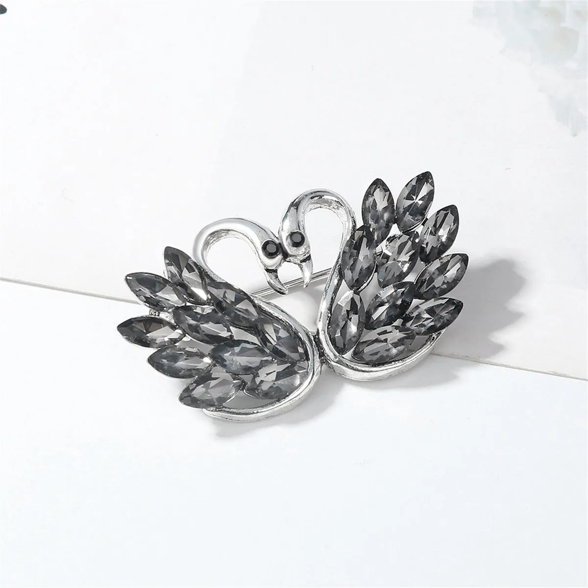 Cubic Zirconia & Crystal Silver-Plated Swan Couple Brooch