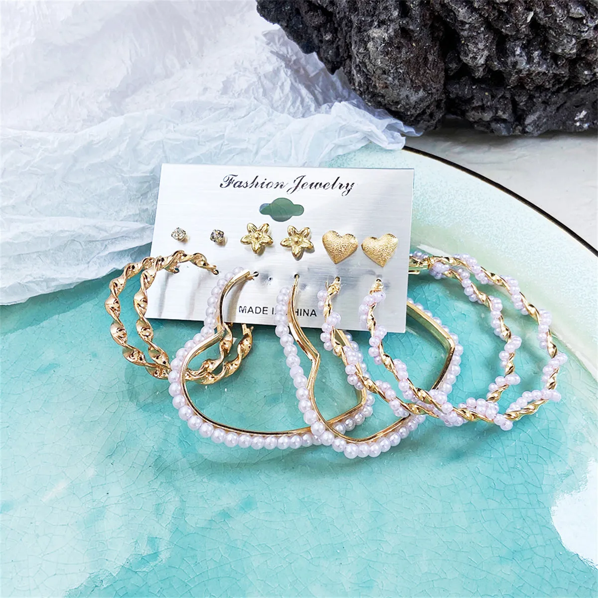 Cubic Zirconia & Pearl 18K Gold-Plated Hoop & Stud Earrings Set