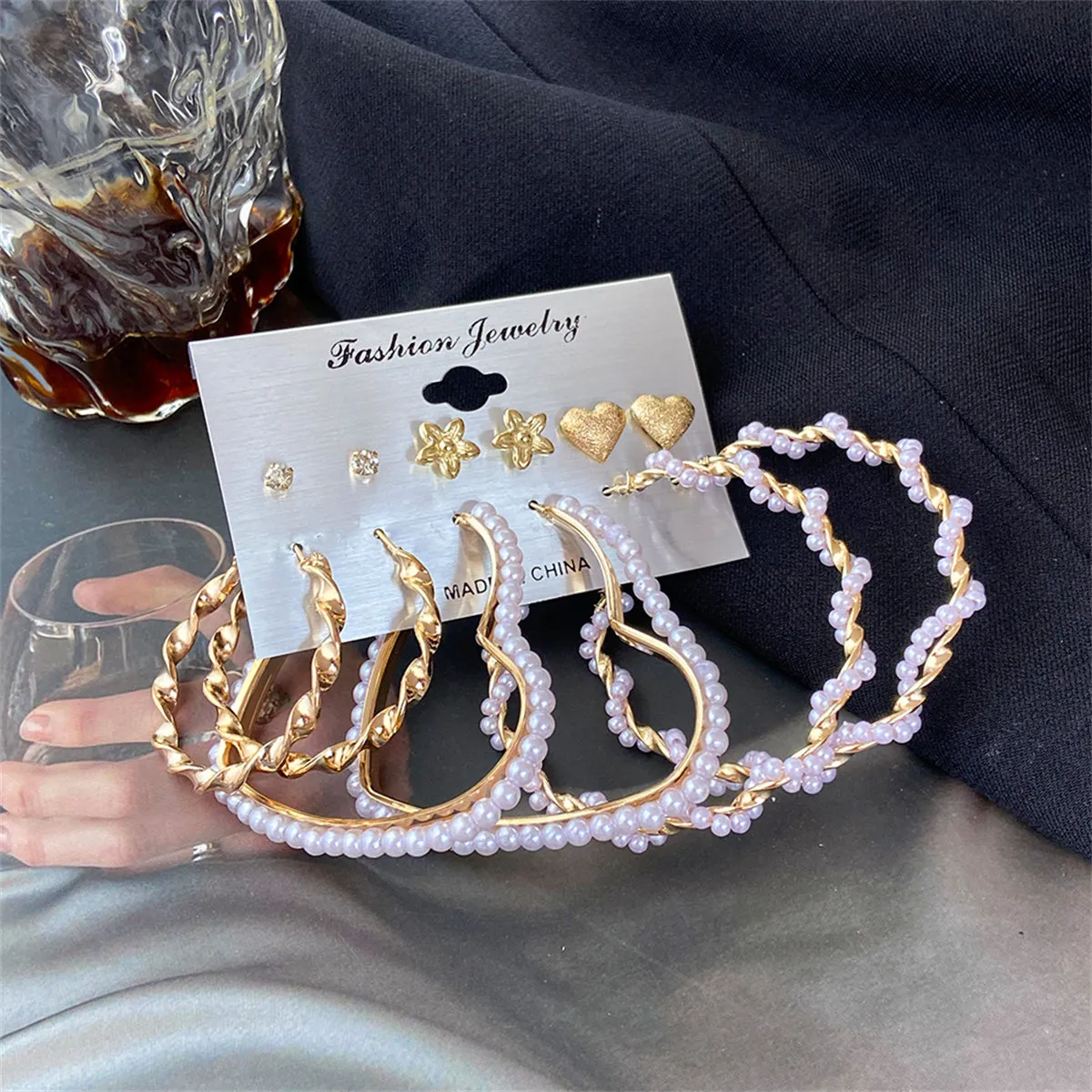 Cubic Zirconia & Pearl 18K Gold-Plated Hoop & Stud Earrings Set