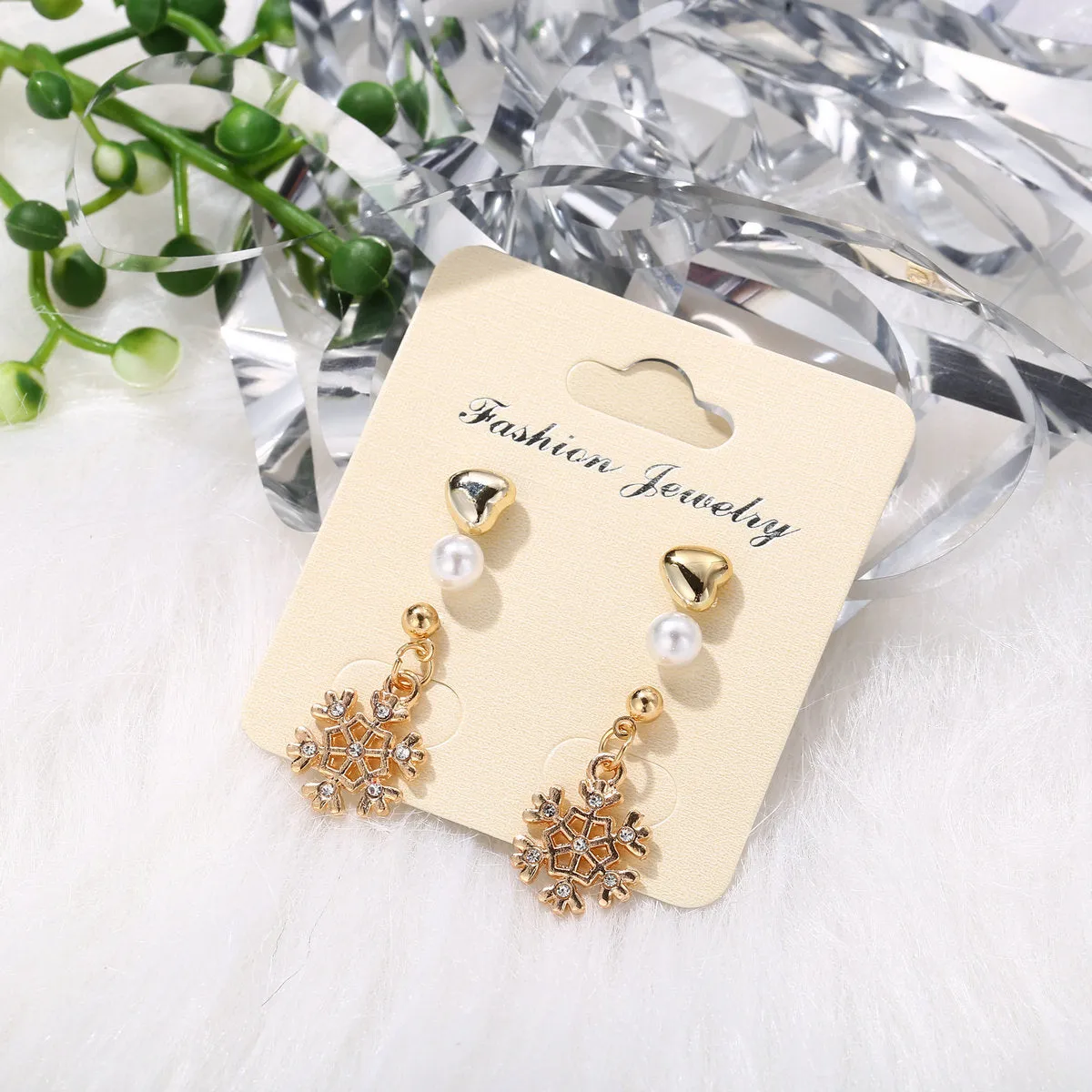 Cubic Zirconia & Pearl 18K Gold-Plated Snowflake Earring Set