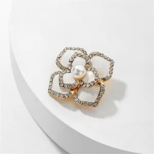 Cubic Zirconia & Pearl Enamel 18K Gold-Plated Camellia Brooch