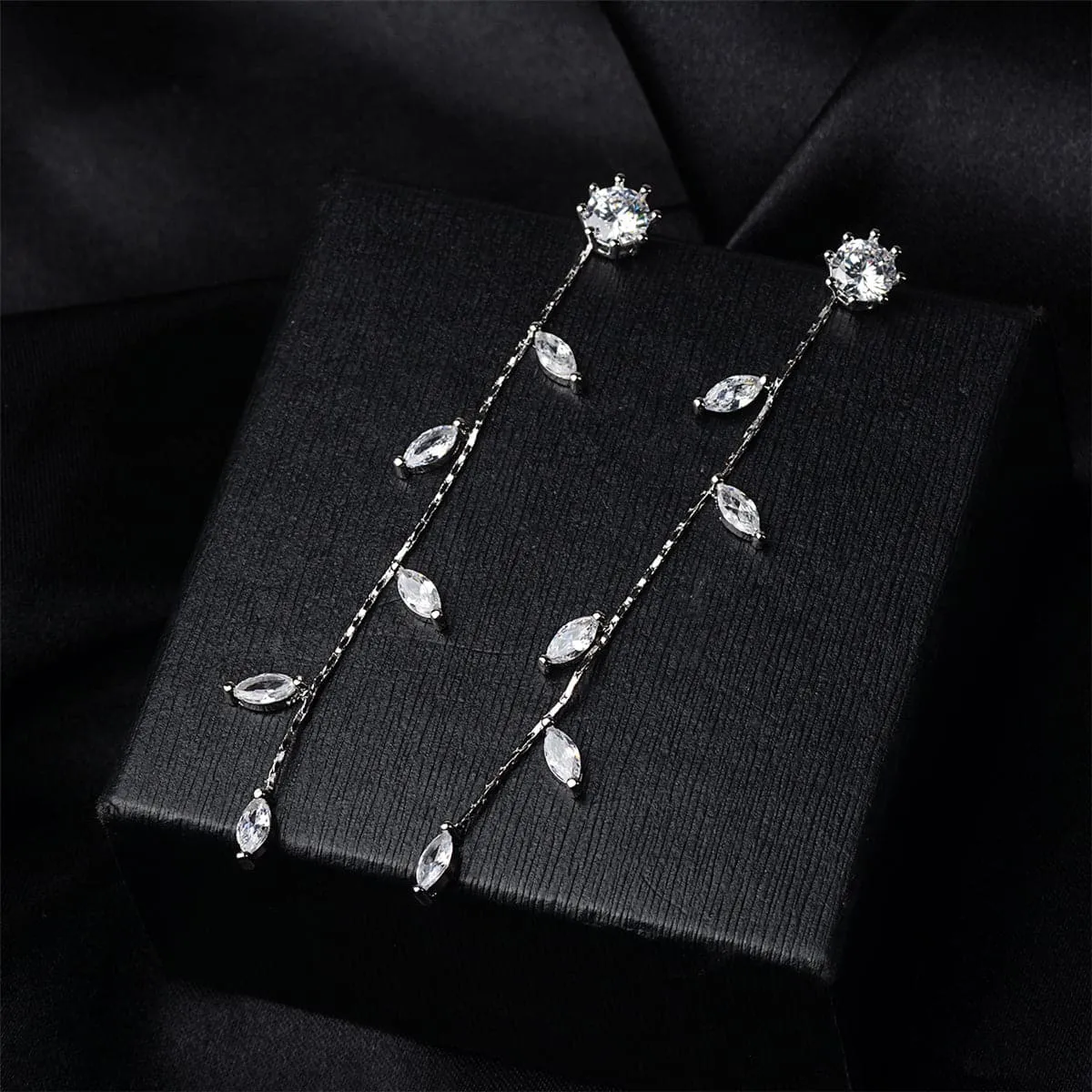 Cubic Zirconia & Silver-Plated Leaf Chain Drop Earrings
