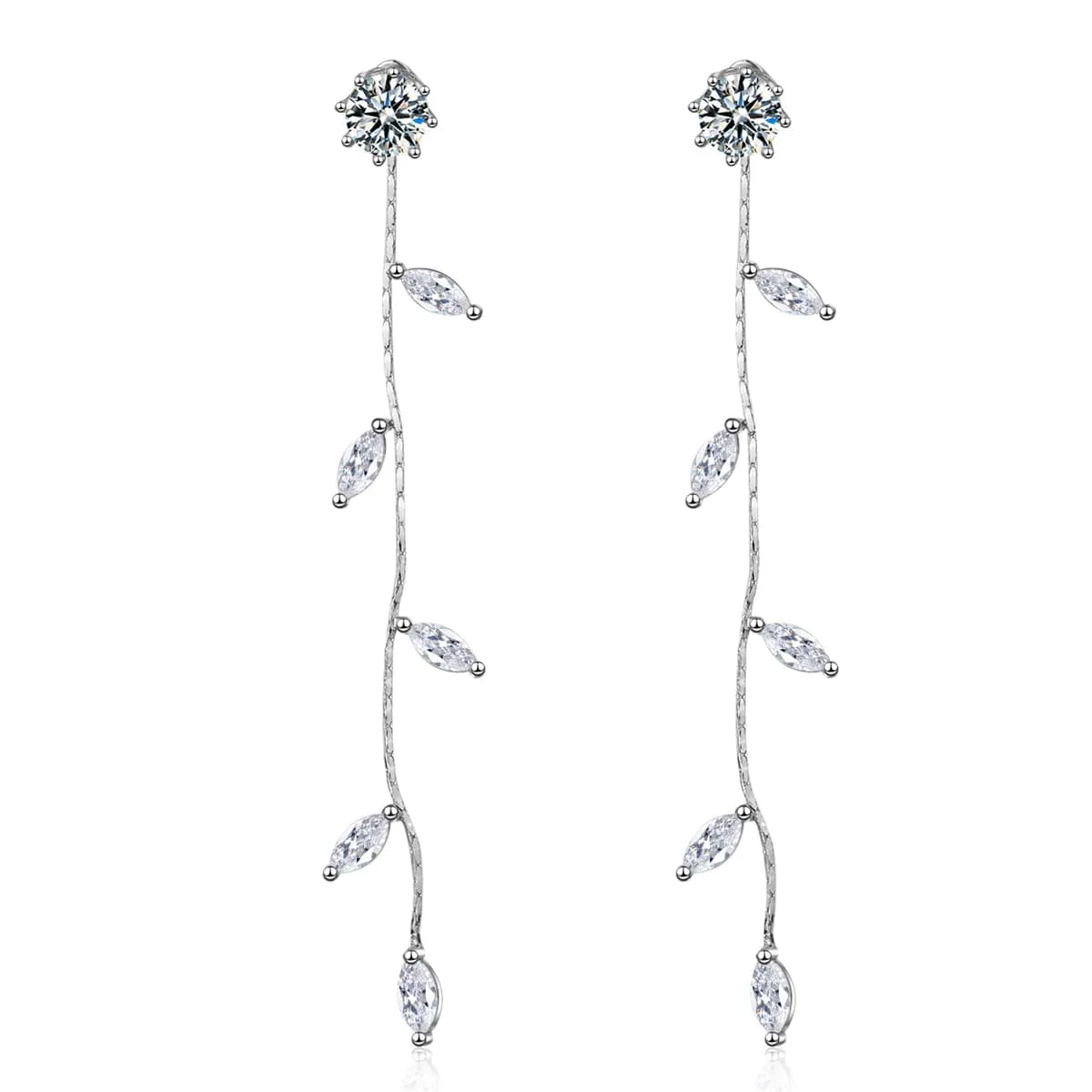 Cubic Zirconia & Silver-Plated Leaf Chain Drop Earrings