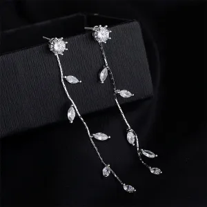 Cubic Zirconia & Silver-Plated Leaf Chain Drop Earrings