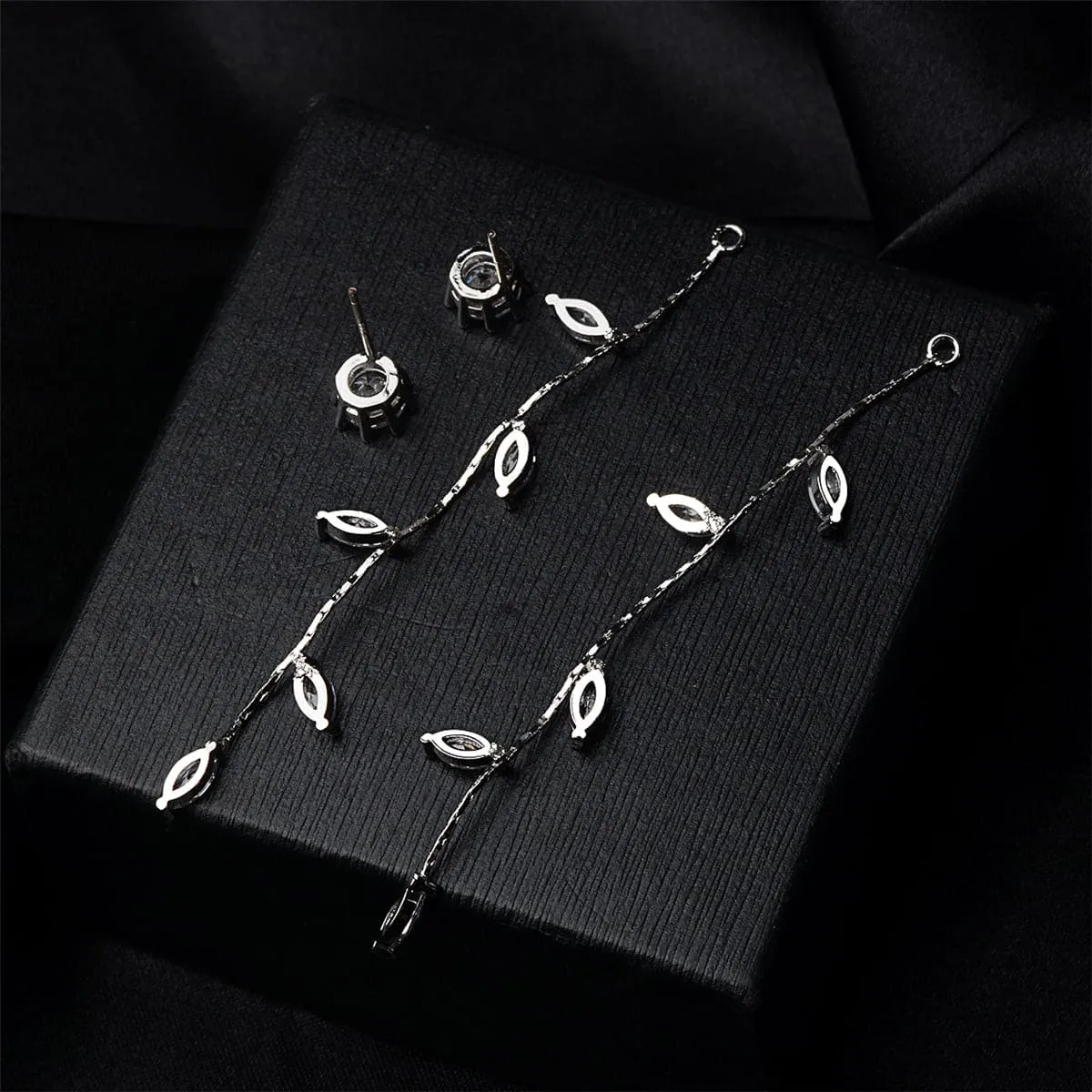 Cubic Zirconia & Silver-Plated Leaf Chain Drop Earrings