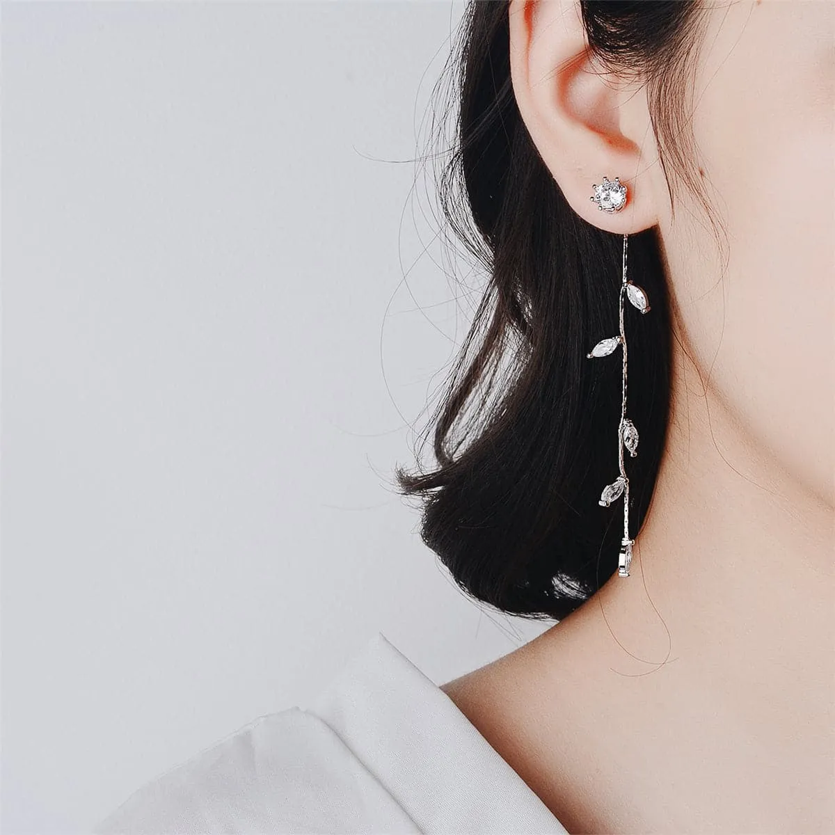 Cubic Zirconia & Silver-Plated Leaf Chain Drop Earrings
