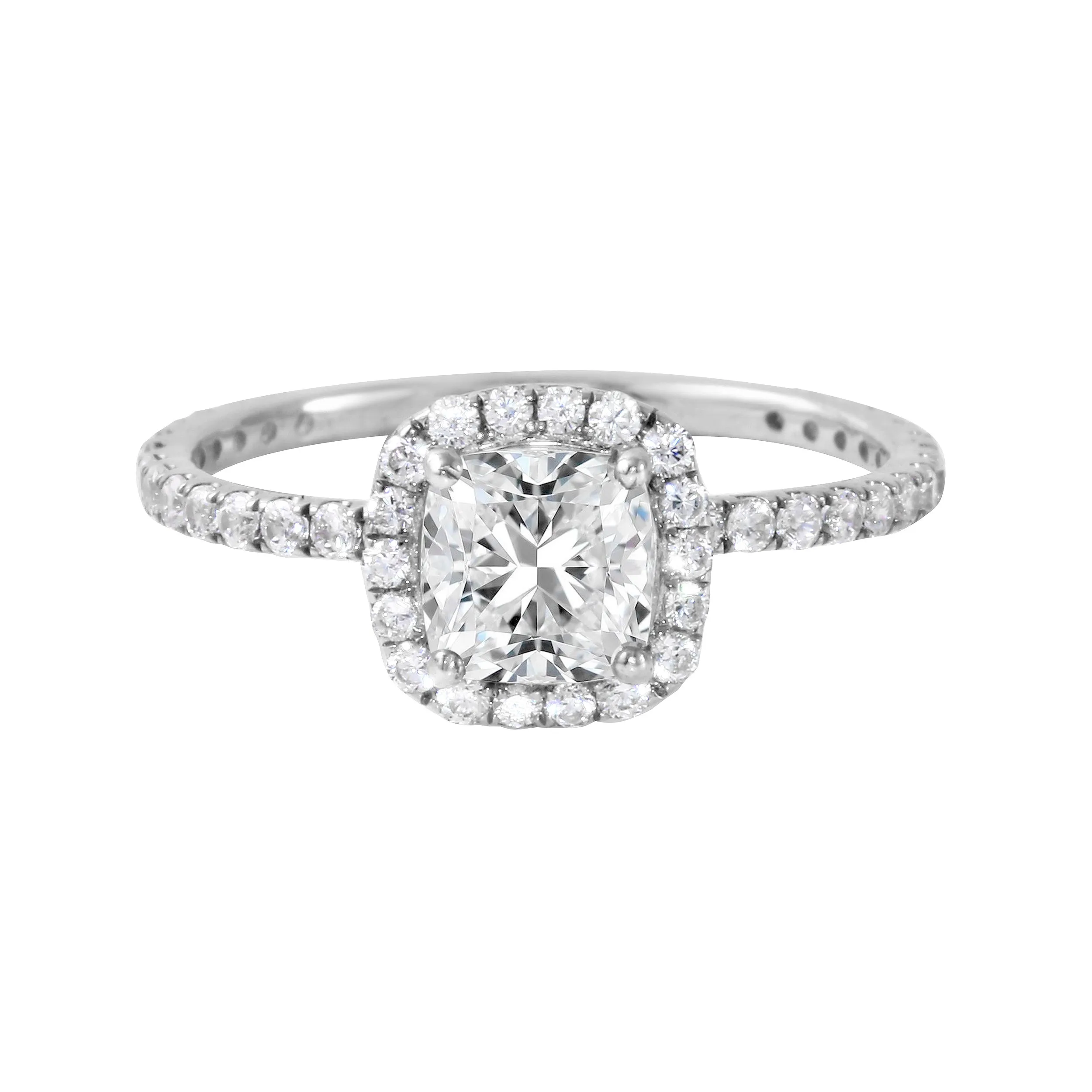 Cushion-Cut Diamond Halo Pavé Band Engagement Ring