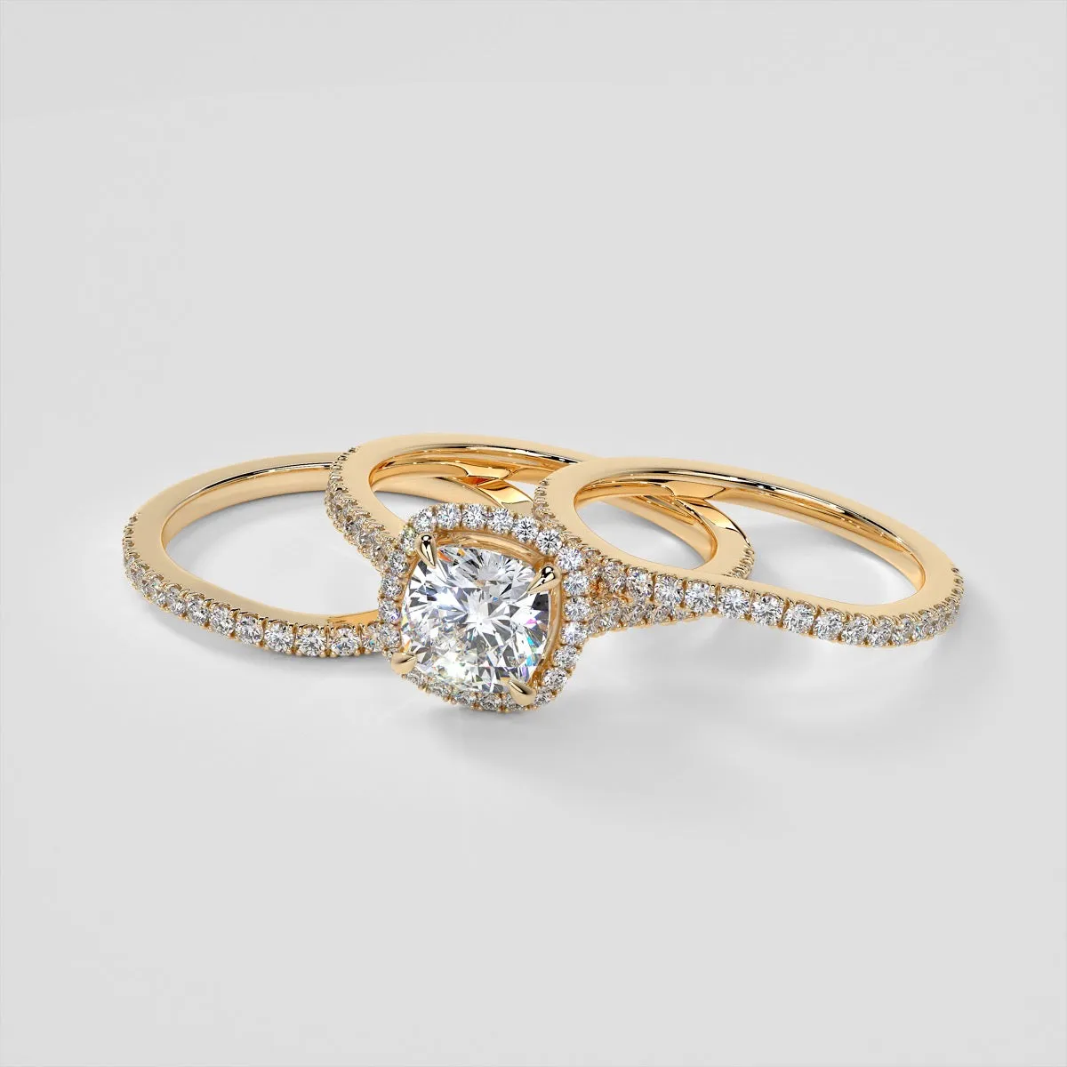 Cushion Cut Halo Style Wedding Set With Accents