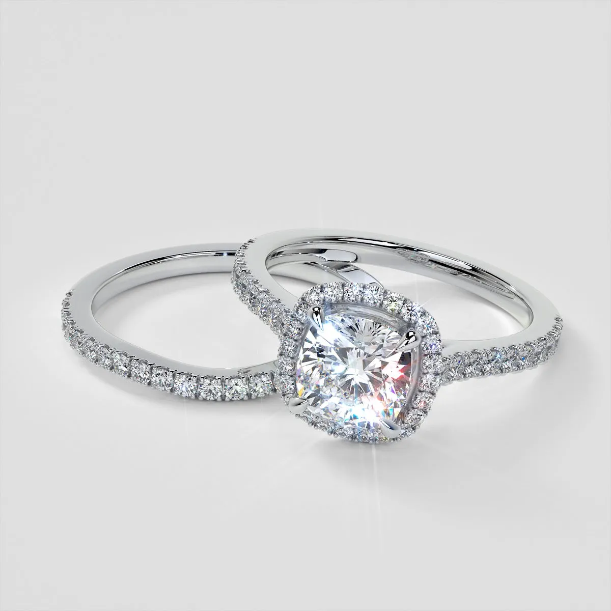 Cushion Cut Halo Style Wedding Set With Accents