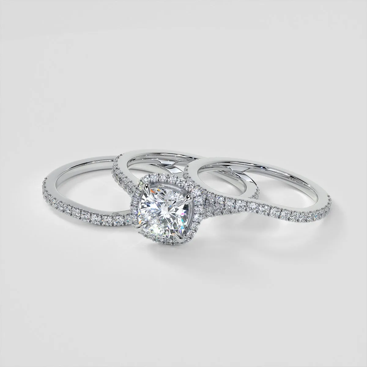 Cushion Cut Halo Style Wedding Set With Accents