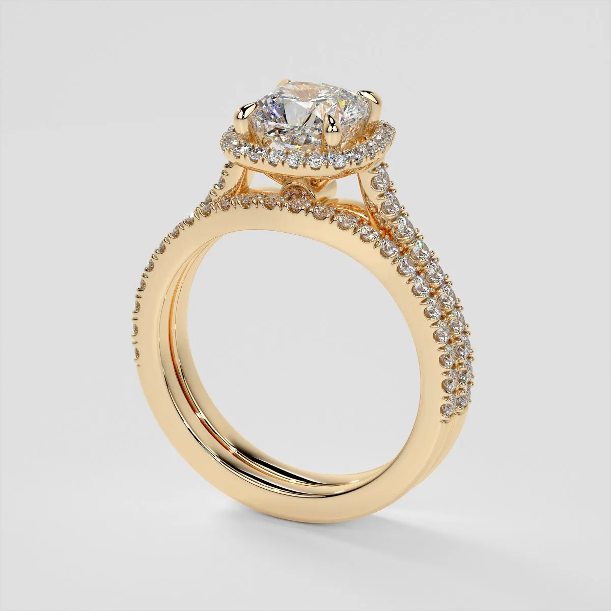 Cushion Cut Halo Style Wedding Set With Accents