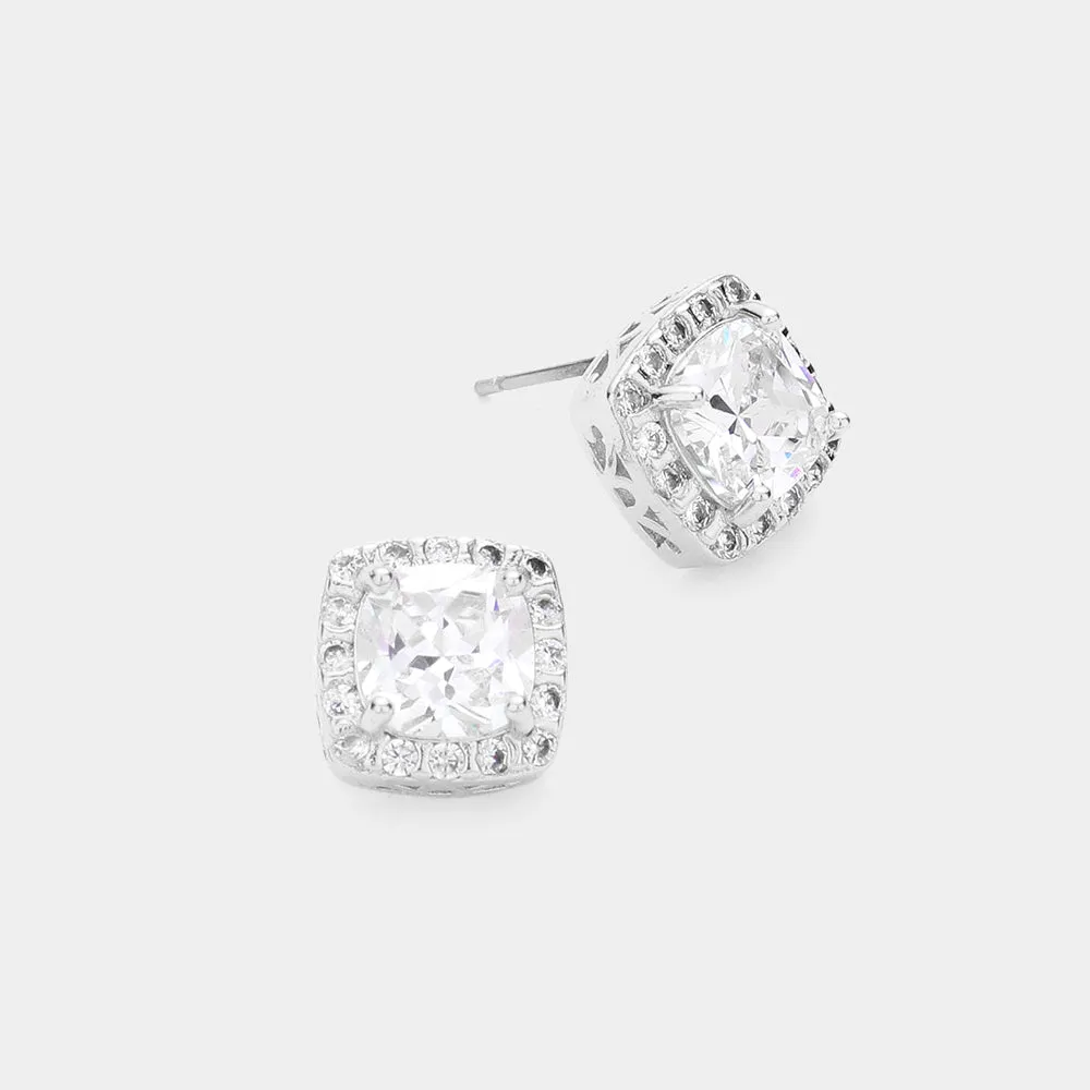 CZ Stone Stud Earrings Surrounded by Rhinestones on Silver | Interview Earrings | Small Stud Earrings | 614118