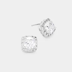 CZ Stone Stud Earrings Surrounded by Rhinestones on Silver | Interview Earrings | Small Stud Earrings | 614118