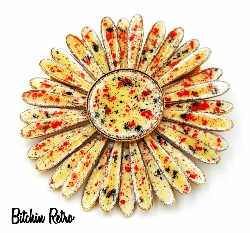 Daisy Vintage Brooch  Enameled Autumn Colors  With Button Center