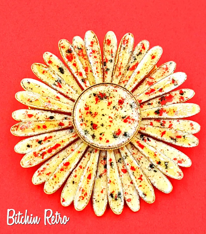Daisy Vintage Brooch  Enameled Autumn Colors  With Button Center