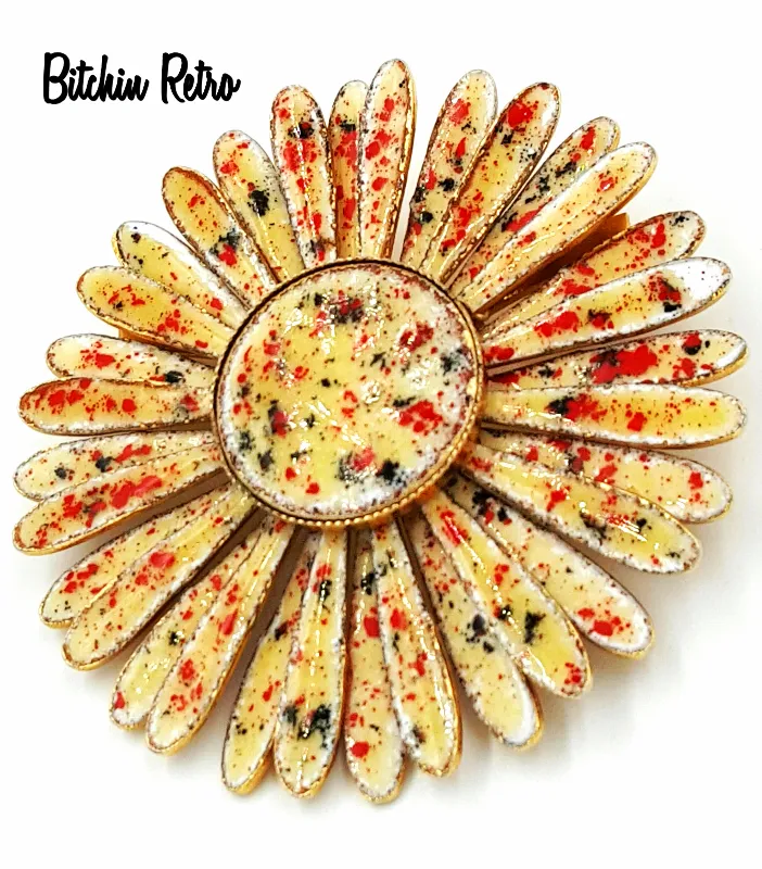 Daisy Vintage Brooch  Enameled Autumn Colors  With Button Center