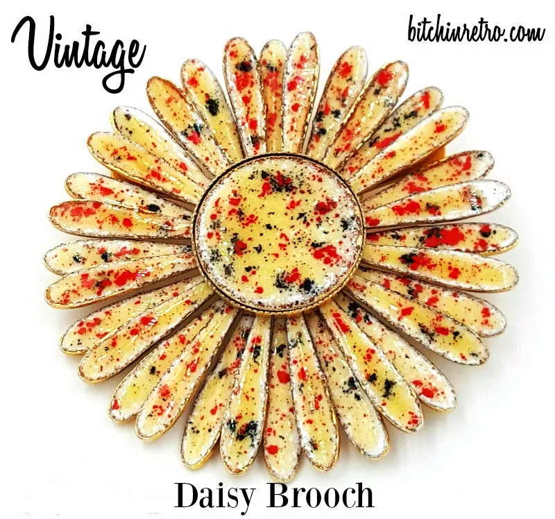 Daisy Vintage Brooch  Enameled Autumn Colors  With Button Center