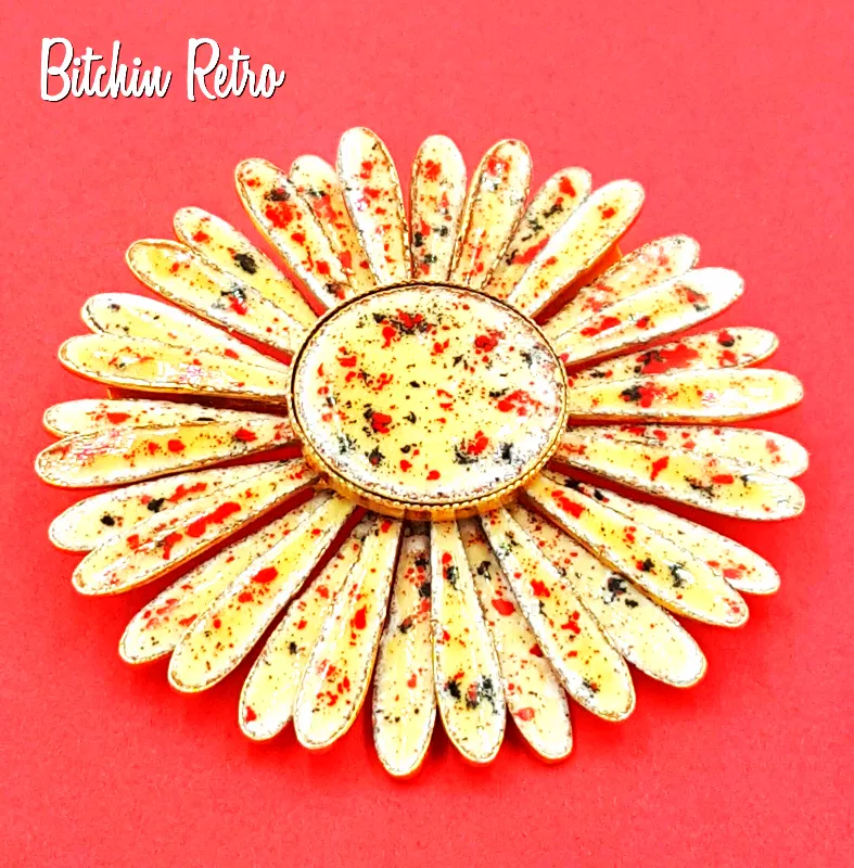 Daisy Vintage Brooch  Enameled Autumn Colors  With Button Center