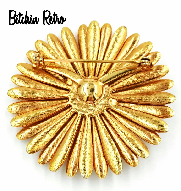 Daisy Vintage Brooch  Enameled Autumn Colors  With Button Center