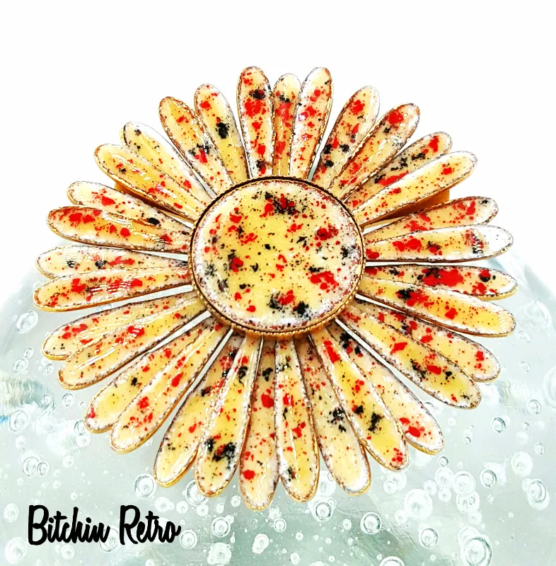 Daisy Vintage Brooch  Enameled Autumn Colors  With Button Center