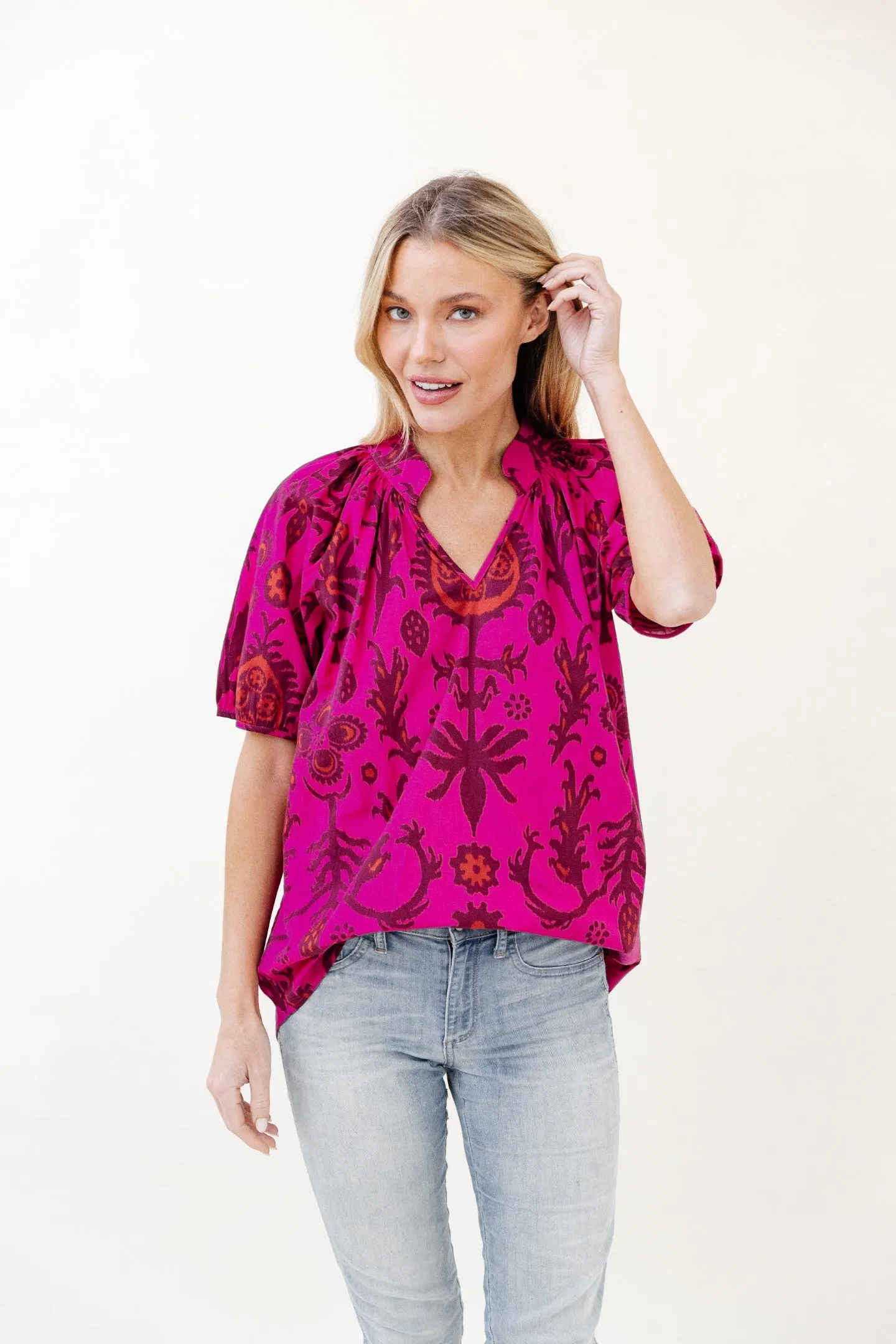 Dana Blouse in Raspberry Floral Ikat