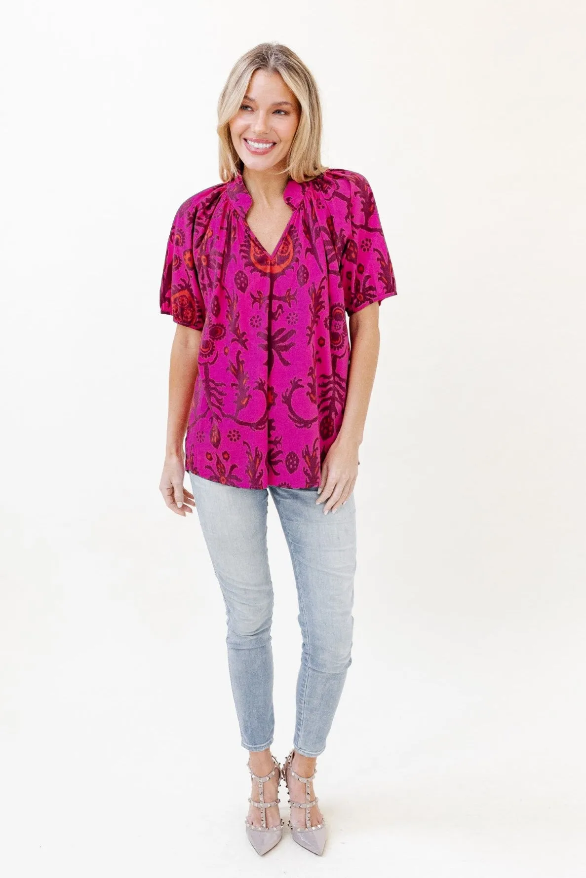 Dana Blouse in Raspberry Floral Ikat