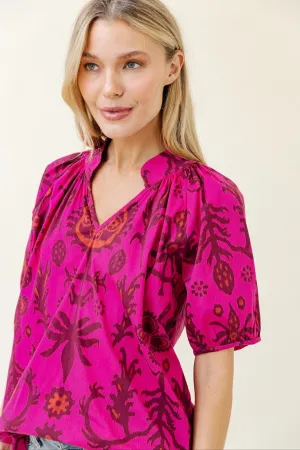 Dana Blouse in Raspberry Floral Ikat