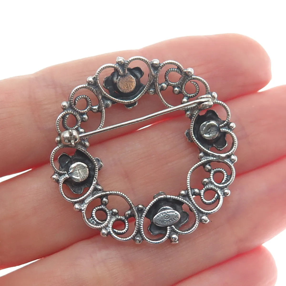 DANECRAFT 925 Sterling Silver Antique Flower & Heart Circle Oxidized Pin Brooch