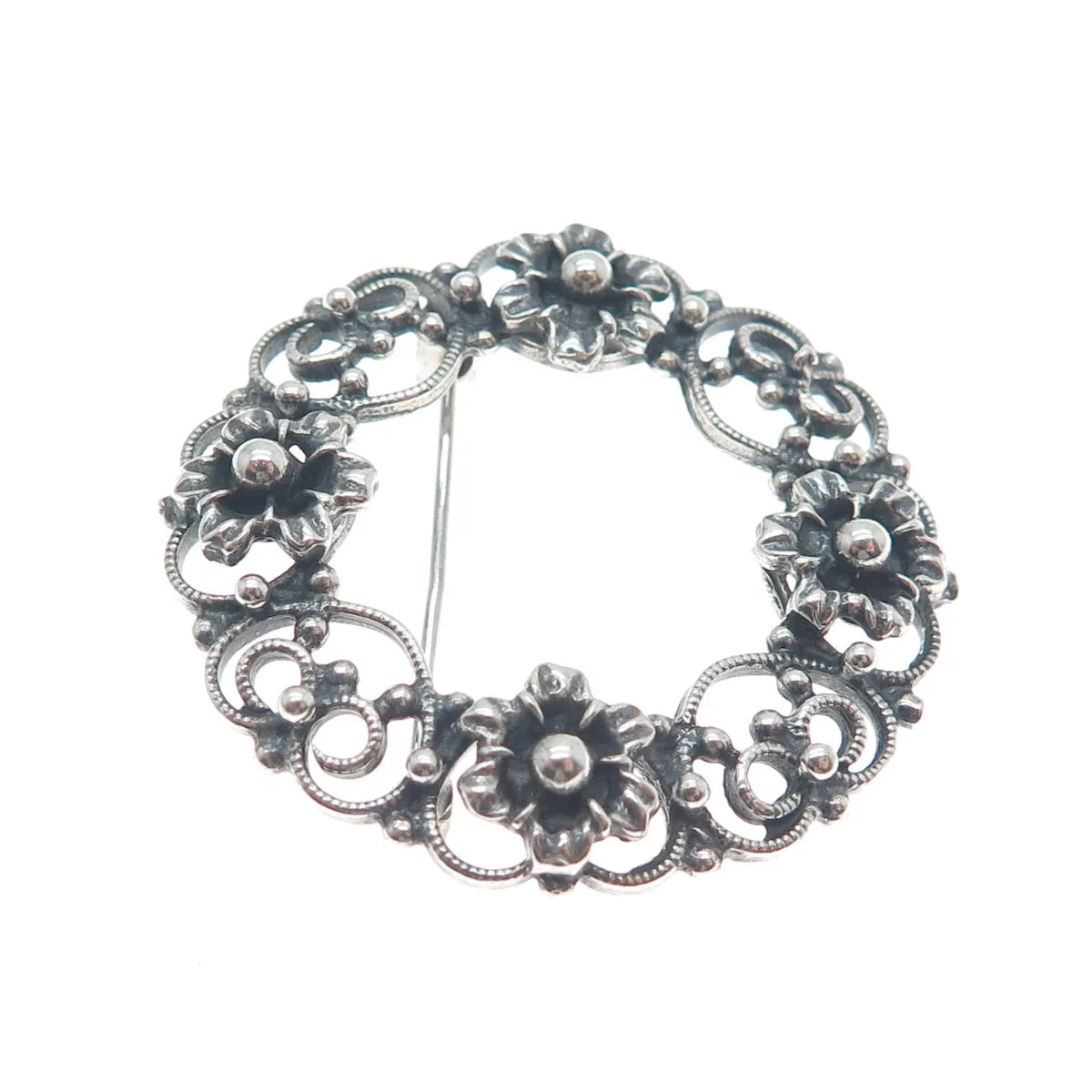 DANECRAFT 925 Sterling Silver Antique Flower & Heart Circle Oxidized Pin Brooch