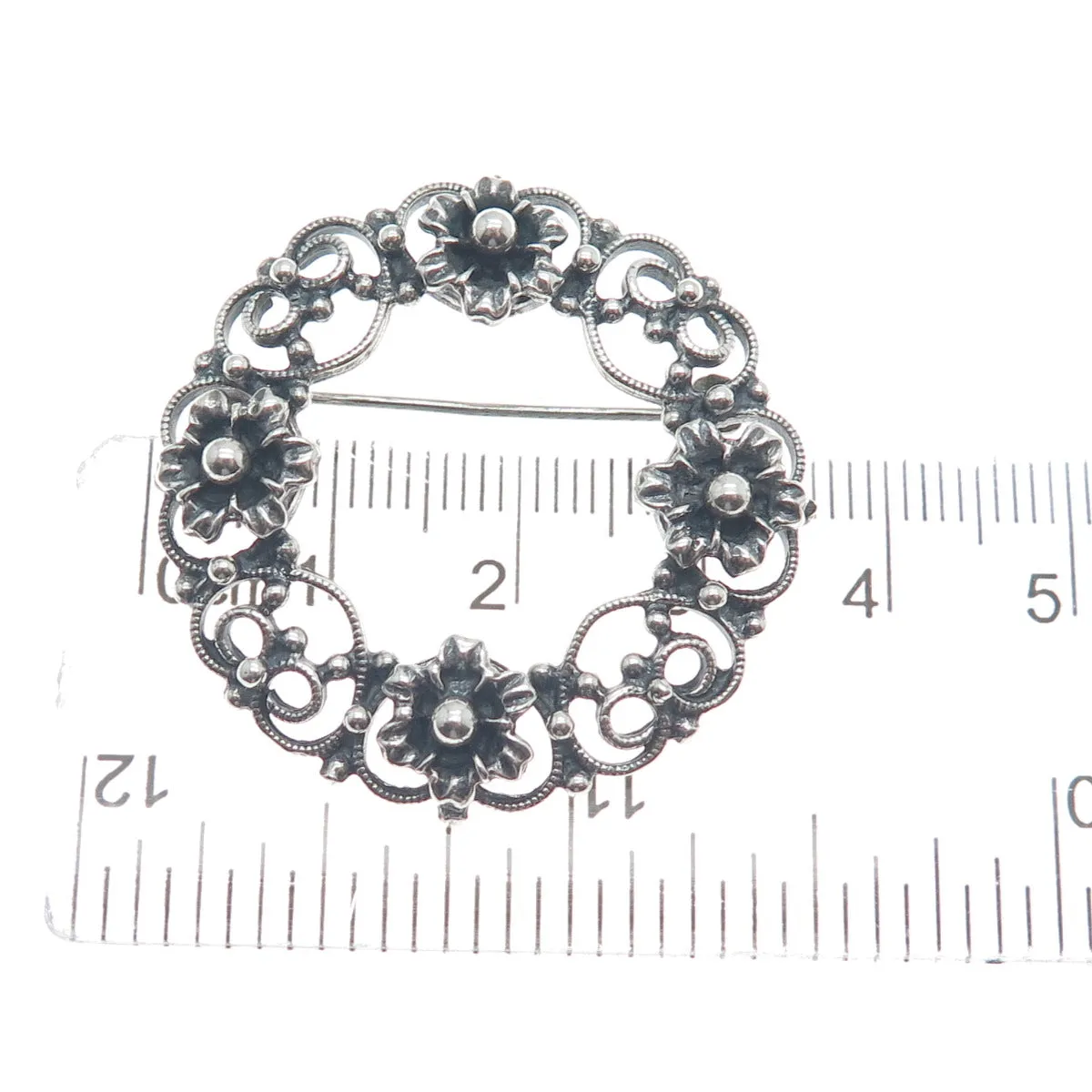 DANECRAFT 925 Sterling Silver Antique Flower & Heart Circle Oxidized Pin Brooch