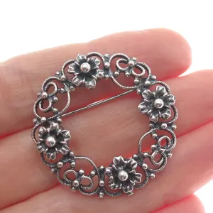 DANECRAFT 925 Sterling Silver Antique Flower & Heart Circle Oxidized Pin Brooch