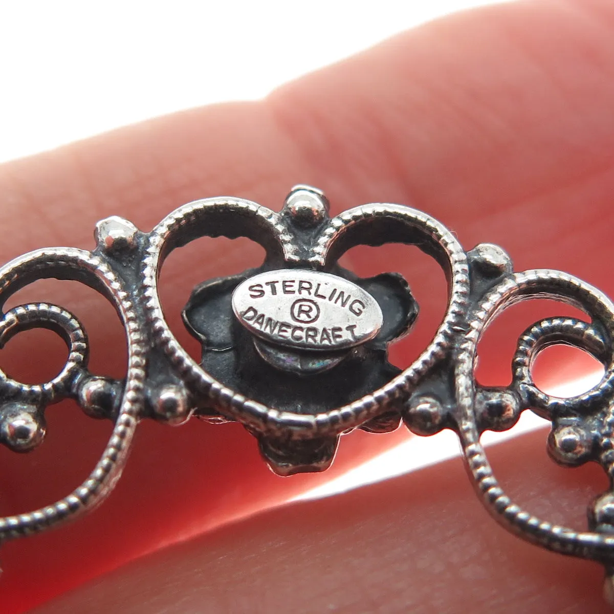 DANECRAFT 925 Sterling Silver Antique Flower & Heart Circle Oxidized Pin Brooch